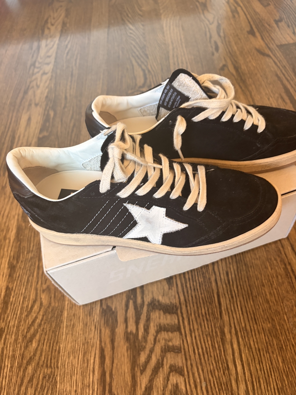 Golden Goose Black Suede Sneakers with White Star and Cream Laces